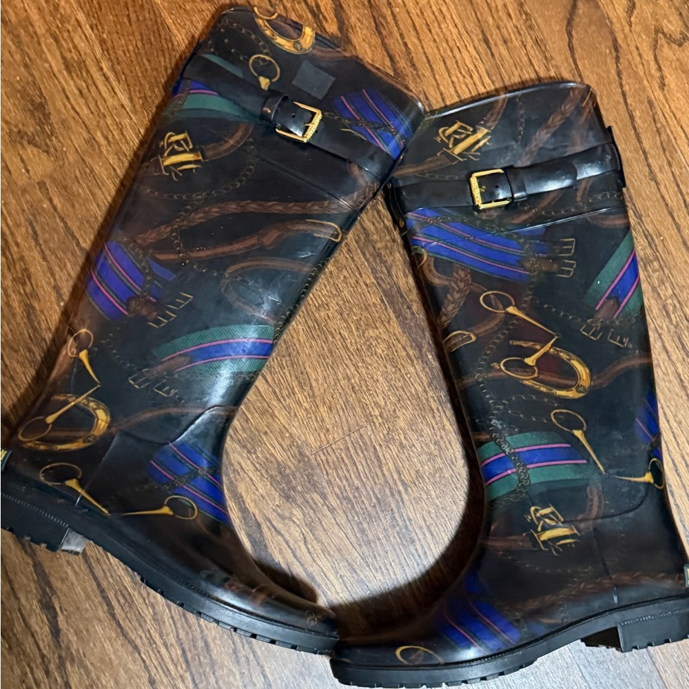 Ralph Lauren Black and Gold Patterned Rain Boots